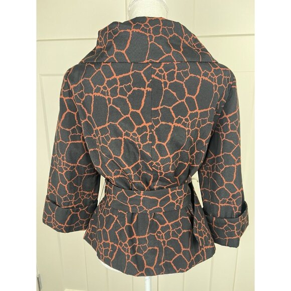 Ali Miles Animal Print Jacket Women's Sz 10 Black Rust Belted Portrait Collar - Picture 6 of 11